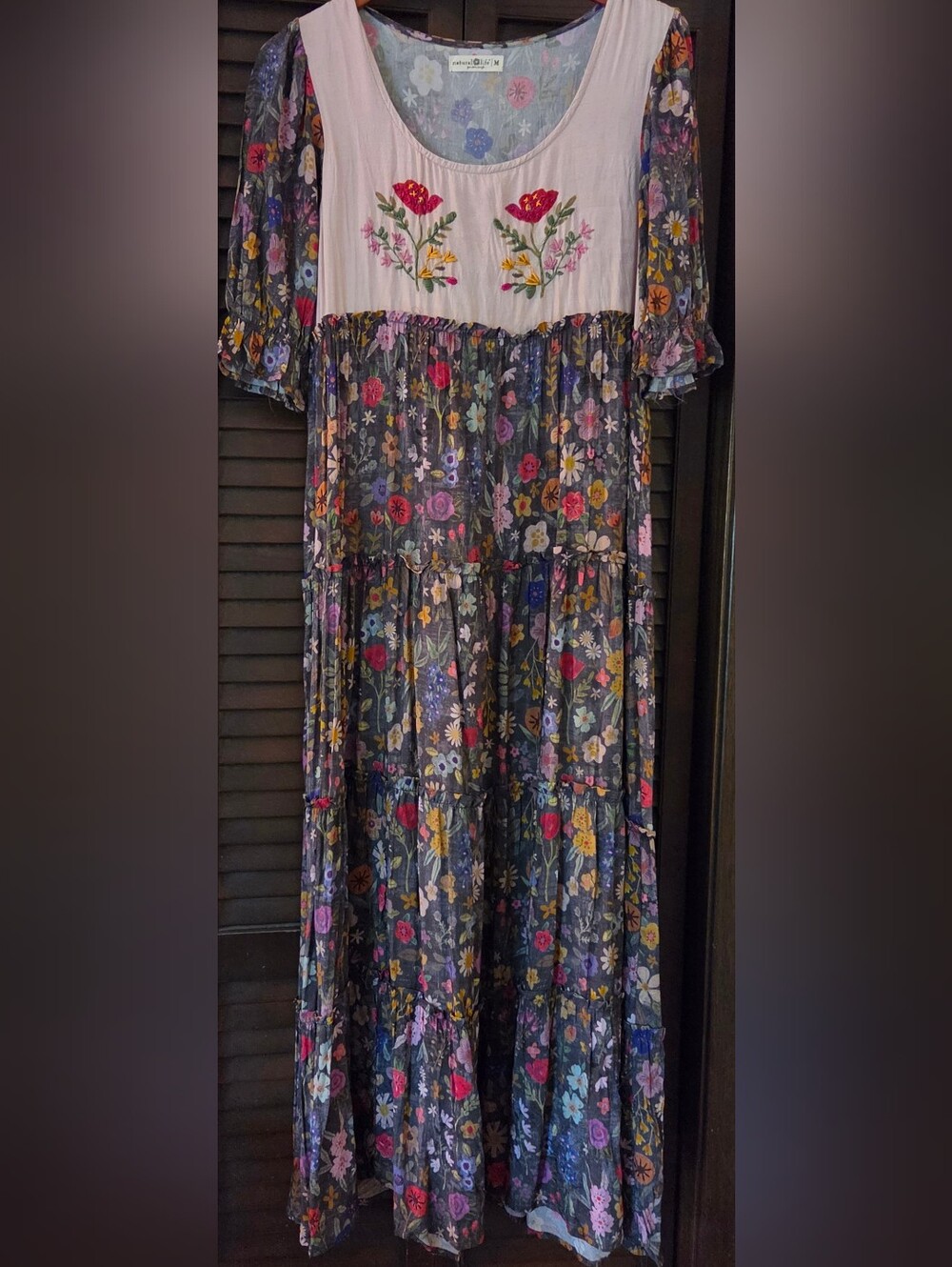 Natural Life Collette Tiered Floral Womens Maxi Dress Embroidered Top Sz M BOHO